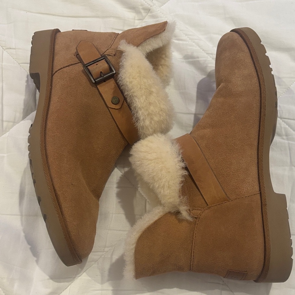 UGG Tan Shearling Buckle Boots